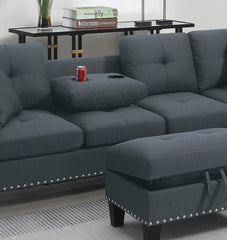 Living Room Furniture 3-PCS Sectional Sofa Set LAF Sofa RAF Chaise And Storage Ottoman Cup Holder Charcoal Color Linen-Like Fabric Couch