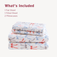 3-Piece Twin XL 100% Cotton Flannel Pigment Printed Sheet Set,Happy Bows