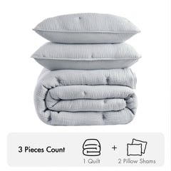3-Piece Full/Queen Cotton Gauze Embroidered Quilt Set,Blue