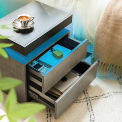 Nightstand LED Bedside Table Cabinet Lights Modern End Side with 2 Drawers for Bedroom (Black+Gray)