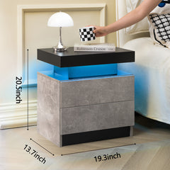 Nightstand LED Bedside Table Cabinet Lights Modern End Side with 2 Drawers for Bedroom (Black+Gray)