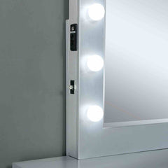 Contemporary Style 1pc Vanity w/ Stool Set Glass Top Storage Drawers Central Mirror w/ Bulbs USB And Power Outlet White and Gray Finish