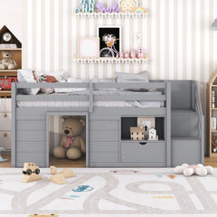 TWIN BED, SOLID WOOD TWIN SIZE LOW LOFT BED WITH STAIR, DRAWER, AND SHELF OF GREY COLOR