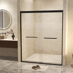 56-60 " x 72" Tempered Glass with Explosion Proof Film, Aluminum Frame Double Sliding Shower Door, "1/4 (6 mm), Stainless Steel handle, Matte Black