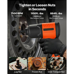 Air Impact Wrench, 1/2" Drive Pneumatic Impact Wrench Up to 1100 ft-lbs Reverse Torque, 7500RPM 4-Speed Adjustable & Lightweight Pneumatic Gun for Auto Repairs and Maintenance