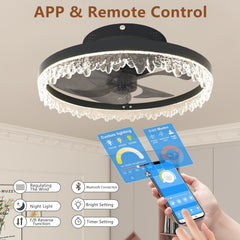 Smart Silent Elegant Black Ceiling Fan with Light – 16-inch Flush Mount LED Chandelier with 5 Invisible Blades, Remote Control & Timer, Dimmable Lighting for Bedroom, Living Room, Dining Room