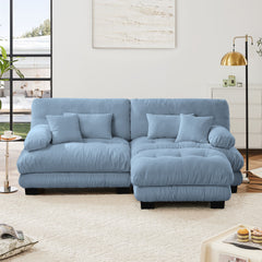 Cloud Couch Sectional Sofa for Living Room, Chenille 2 Seater Sofa with 2 Lumbar pillows and 2 throw pillows , Upholstered Wide Arm Sofa with Convertible Ottoman,Chenille Blue