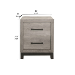 Deena 25 Inch Classic 2 Drawer Nightstand, Metal Handles, Wood Grain Gray