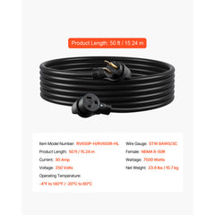 30A Generator Extension Cord 50 ft 250V NEMA 6-50P to 6-50R 7500W Power Cable