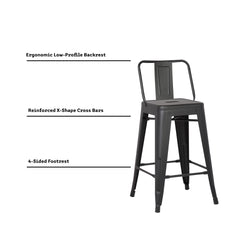 24"Metal Barstool,Country Rustic Style with Back, Kitchen Counter Bar Stool, Lightweight & Sturdy Build, Set of 4 -Matte Black