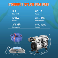 Pond Aerator, 550W Power 5.2CFM for Up to 1 Acre 50' Lake Includes 3/4 HP 100' Weighted Tubing & Diffuser, Air Compressor for Deep Water Oxygen Circulation, 1 Diffuser, Black