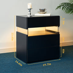 LED Nightstands 3 Drawer Dresser for Bedroom End Table with Acrylic Board LED Bedside Tables (Black)