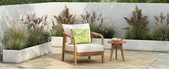 28" Outdoor Lounge Chair with Woven Backrest, Solid Wood Frame, Comfortable Cushions, and Curved Armrests for Patio or Garden