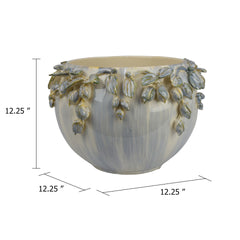 Decorative Bowl Planter, White Ceramic with Floral Garland Rim, 12 Inch
