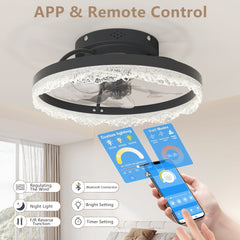 16" Decorative LED Ceiling Fan Light – Modern Flush Mount with Crystal-Inspired Acrylic Ring, Hidden Blades, Remote Control, and Dimmable Light for Stylish Homes (Black)