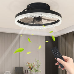 16" Decorative LED Ceiling Fan Light – Modern Flush Mount with Crystal-Inspired Acrylic Ring, Hidden Blades, Remote Control, and Dimmable Light for Stylish Homes (Black)