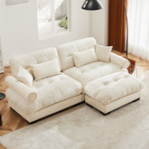 Over Size Modern Two-seater Sofa with Ottoman, Velvet 2-Seater with Round Bolster Armrests,With Waist Pillow and Throw Pillows,Small L Shape Sofa For Living Room, Reading Room , Loft and Bedroom,Cream