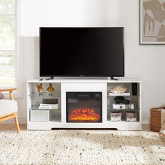 TV Stand Electric Fireplace TV Stand with Glass Shelves, 3D Fireplace TV Stand with LED Lights Wood with USB Charging Outlet Modern Television Table Center for TV up to 32-62" White 58''W*15.4''D*24.4