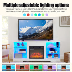 TV Stand Electric Fireplace TV Stand with Glass Shelves, 3D Fireplace TV Stand with LED Lights Wood with USB Charging Outlet Modern Television Table Center for TV up to 32-62" White 58''W*15.4''D*24.4