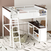 Queen Size Loft Bed with Desk,Open Shelf and a Storage Box,USB Charging Station,White