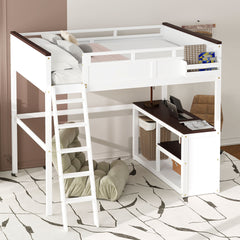 Queen Size Loft Bed with Desk,Open Shelf and a Storage Box,USB Charging Station,White