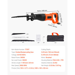Corded Reciprocating Saw, 120 Volt 7.5 Amp, 2800 SPM Variable Speed, 1-1/8 inch Stroke Length, Electric Reciprocating Saw with 8 Blades and Carrying Bag, for Wood, Metal, and Plastic Cutting