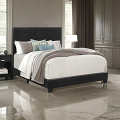 Shirin Queen Size Bed, Wood, Nailhead Trim, Upholstered Headboard, Black