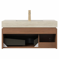 36" MURI Brown Oak Woodgrain Plywood Cabinet with Double Doors and One Drawer, NO Basin and Top, NO Faucet and Sink Cover