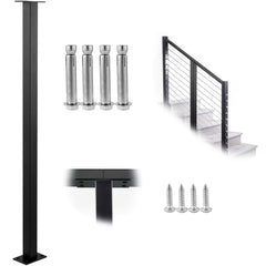 Cable Rail Post Level Deck Stair Post 36 x 1.5 x 1.5" Cable Handrail Post Stainless Steel Brushed Finishing Deck Railing DIY Picket Without Hole Stair Railing Kit with Mount Bracket Black