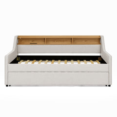 Twin Size Upholstery Sofa Bed with Three LED lights, with Storage Adjustable Headboard, with Foldable Leg Pull up Trundle Bed and Wireless Charging, Linen Padded Sofa Bed frame, Beige