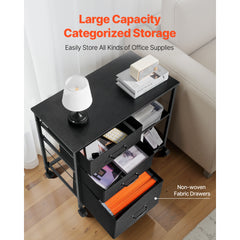 Mobile Metal File Cabinet with 3 Fabric Drawers and 2 Open Shelves Black