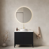 TURIO 30" Bathroom Vanity with Sink, Freestanding Bathroom Storage Cabinet with 2 Doors, White Round Ceramic Basin with Stone Pattern and Carrara White Counter Top, No Faucet, Black Color