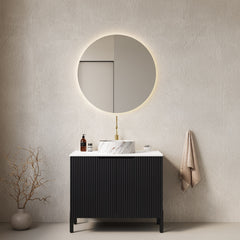 TURIO 30" Bathroom Vanity with Sink, Freestanding Bathroom Storage Cabinet with 2 Doors, White Round Ceramic Basin with Stone Pattern and Carrara White Counter Top, No Faucet, Black Color