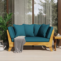 Expandable Daybed with Cushions,Outdoor Couch Acacia Wood Patio Couch with Adjustable Armrests,Outdoor Convertible Sofa with Removable Cushions&Pillows for Patio, Porch, Poolside
