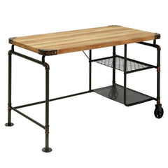 Industrial Inspired Desk With An Antique Black Metal Construction Replicated Wood Top And Caster Wheel Accents