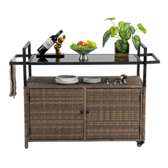 Outdoor Wicker Bar Cart, Patio Wine Serving Cart w/Wheels , Rolling Rattan Beverage Bar Counter Table w/Glass Top for Porch Backyard Garden Poolside Party, Light brown