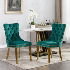 A&A Furniture,Nikki Collection Modern, High-end Tufted Solid Wood Contemporary Velvet Upholstered Dining Chair with Golden Stainless Steel Plating Legs,Nailhead Trim,Set of 2,Black and Gold, SW1601GN