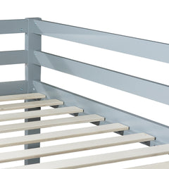 Solid Wooden, Solid Rubber Wooden Twin over Twin Floor Bunk Bed with Ladder, with Bed Platform of Strengthened Slats , Grey