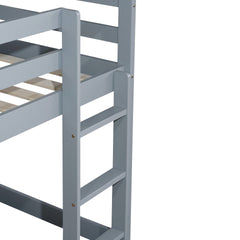 Solid Wooden, Solid Rubber Wooden Twin over Twin Floor Bunk Bed with Ladder, with Bed Platform of Strengthened Slats , Grey