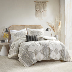 4 Piece Printed Comforter Set with Throw Pillow Black/Ivory Full/Queen