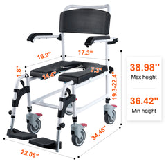Shower Commode Wheelchair with 4 Lockable Wheels, Footrests, Flip-up Arms, 3-Level Adjustable Height, 5L Removable Bucket, 350 LBS Capacity, Commode Chair for Adults Seniors