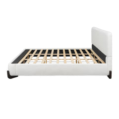 Elegant terry upholstered bed with dark brown solid wood legs, luxurious and comfortable bedroom centerpiece, king size, white