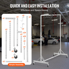 Painting Rack, 5 ft-7 ft Adjustable Height, 66 lbs Capacity Automotive Paint Rack Stand, 8 Hooks Painting Drying Rack with 4 Swiveling Wheels, Auto Body Stand for Auto Repair Shops & Garage