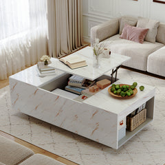 Lift Top Coffee Table with Storage, 24-Color LED Lights, Wireless Charging and Bluetooth Speaker for Living Room, White