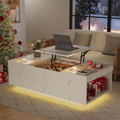 Lift Top Coffee Table with Storage, 24-Color LED Lights, Wireless Charging and Bluetooth Speaker for Living Room, White