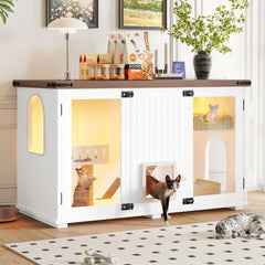 47.25" Large Cat Litter Box Enclosure with LED Light, Hidden Litter Box Furniture, Cat House with Stairs and Cat Scratching Post, Cat Cabinet Side Table with Smart Doors for Living Room, White