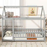 Twin Size House Floor Wooden Bed with Roof Frame,Safety Guardrails,Grey