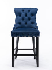 Contemporary Velvet Upholstered Barstools with Button Tufted Decoration and Wooden Legs, and Chrome Nailhead Trim, Leisure Style Bar Chairs,Bar stools, Set of 2 (Blue),SW2002BL