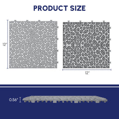12 x 12 Inch Gray Interlocking Deck Tiles Plastic Waterproof Outdoor All Weather Anti-slip Bathroom Shower Balcony Porch Strong Weight Capacity Upto 440 LBS, Pebble Stone Pattern Pack of 12