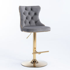 A&A Furniture,Golden Swivel Velvet Barstools Adjusatble Seat Height from 25-33 Inch, Modern Upholstered Bar Stools with Backs Comfortable Tufted for Home Pub and Kitchen Island(Gray,Set of 2)
